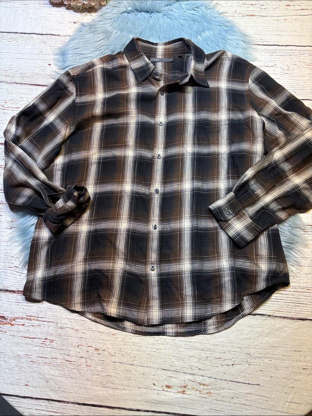 Vince Men’s Brown and Black Plaid Button-Down Shirt sz XL